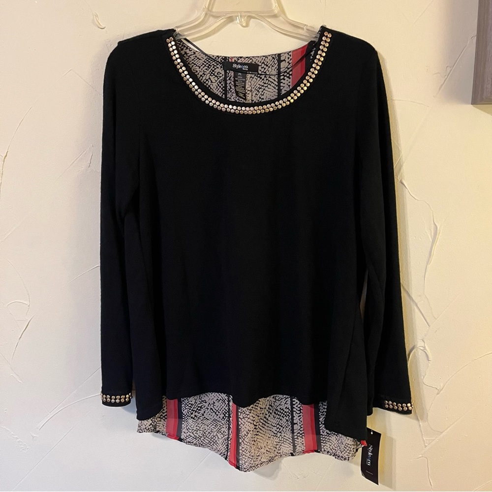 NWT! Style & Co “Dotty Fab” Black Crewneck Sweater - Size Petite Large
